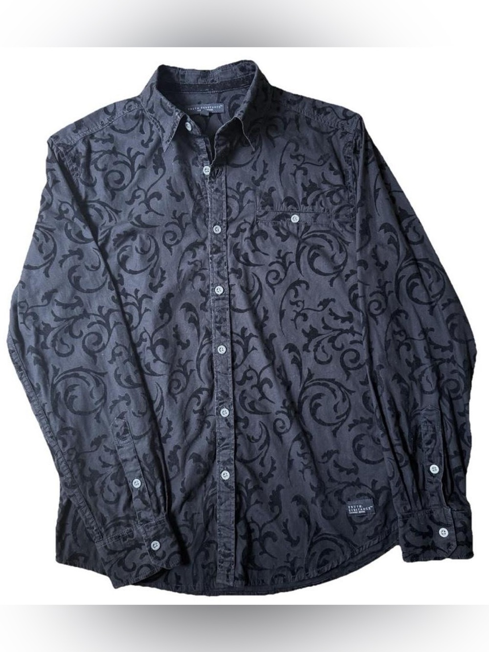 Truth Substance Black Floral Paisley Burnout Velvet Button Down Shirt western